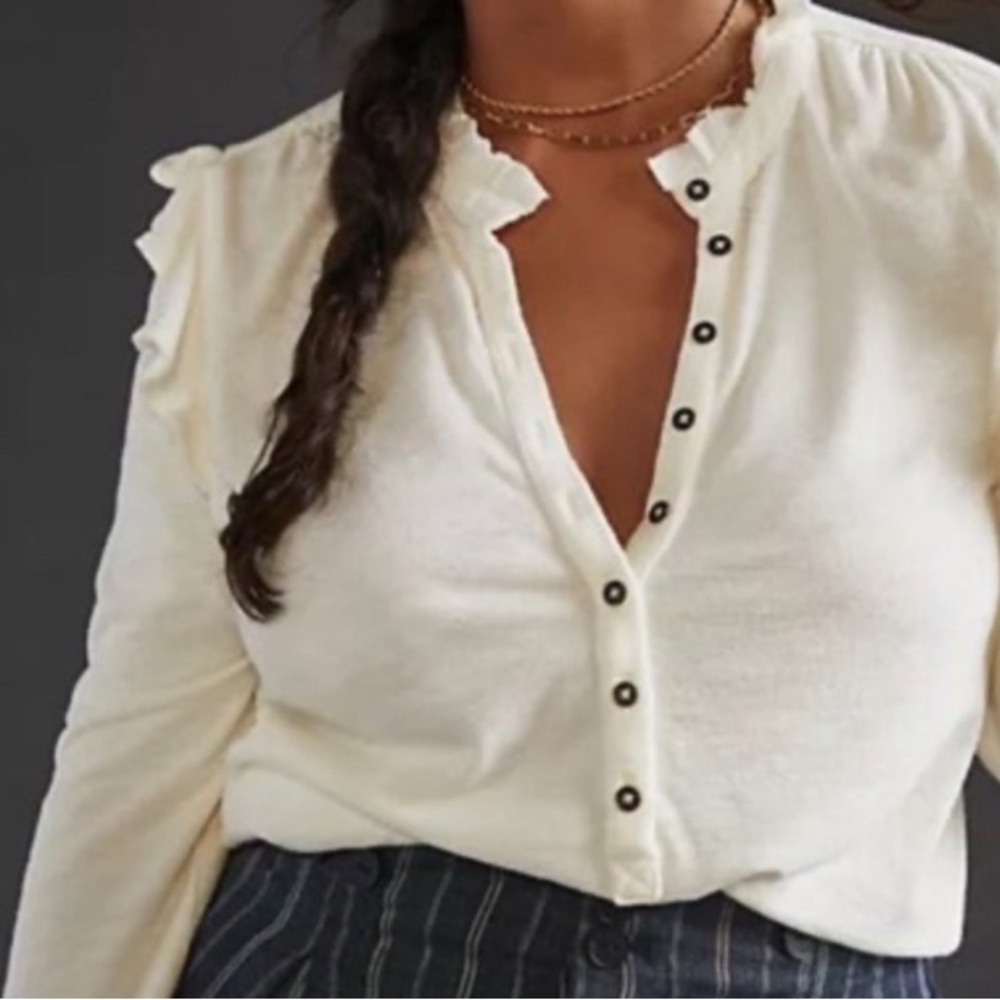 Women's Pilcro Anthropologie Cream Ruffled Long Sleeve Top Henley Shirt Large